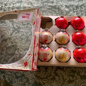 Box of vintage Shiny Bright holiday ornaments